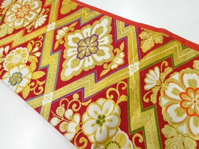 アンティーク　松皮菱に菊唐草模様織出し袋帯（着用可）